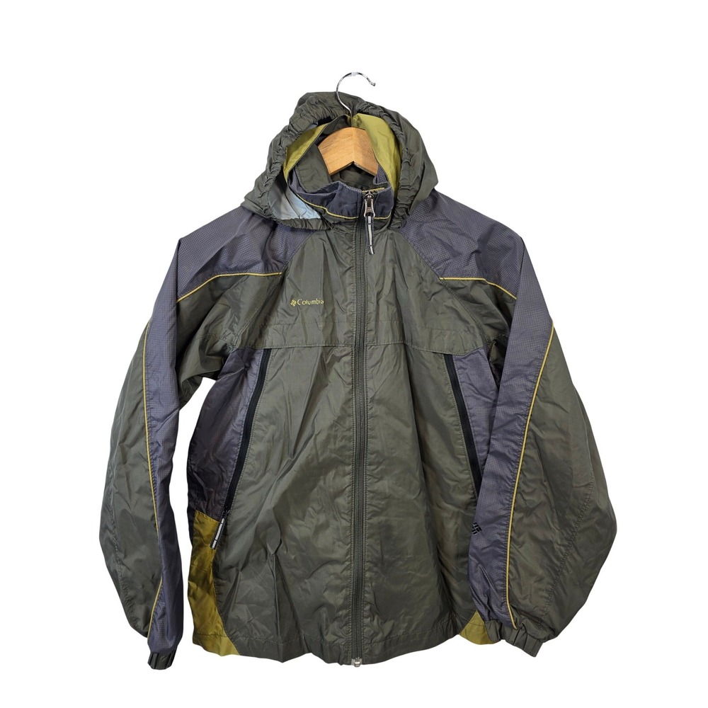 Columbia Boys Youth 14/16 Windbreaker Jacket Green Grey Hooded Full Zip Pockets